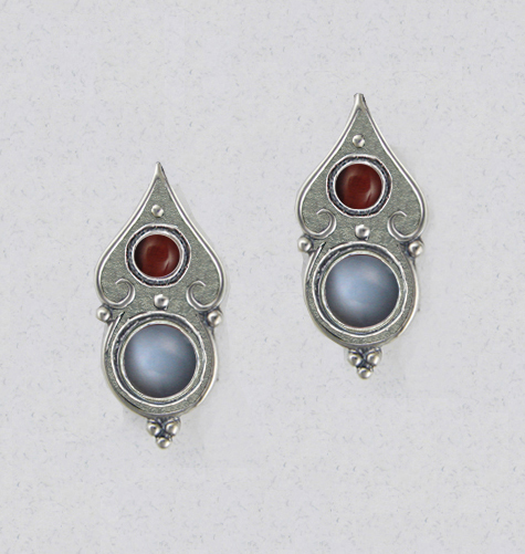 Sterling Silver Gothic Look Post Stud Earrings With Grey Moonstone And Red Tiger Eye